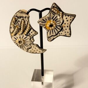 Whitaker Handpainted Ceramic Celestial Moon and Star Pearl Earrings Studs